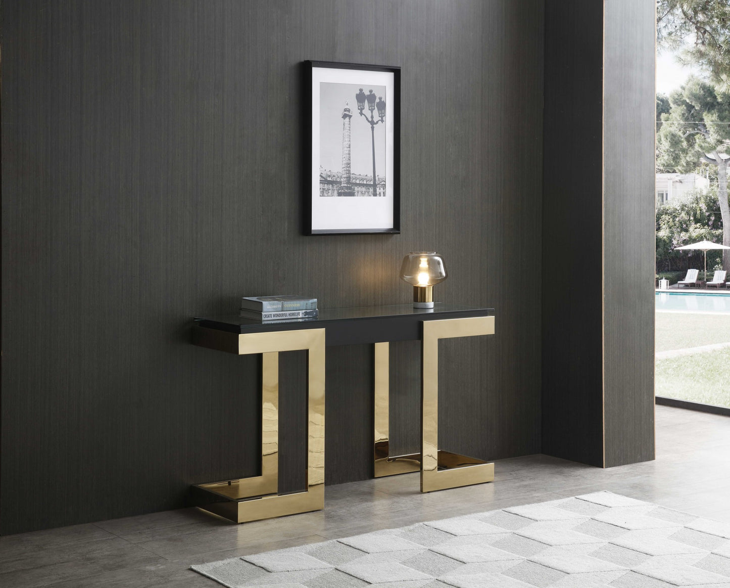 Black & Gold Glass Pedestal Console Table