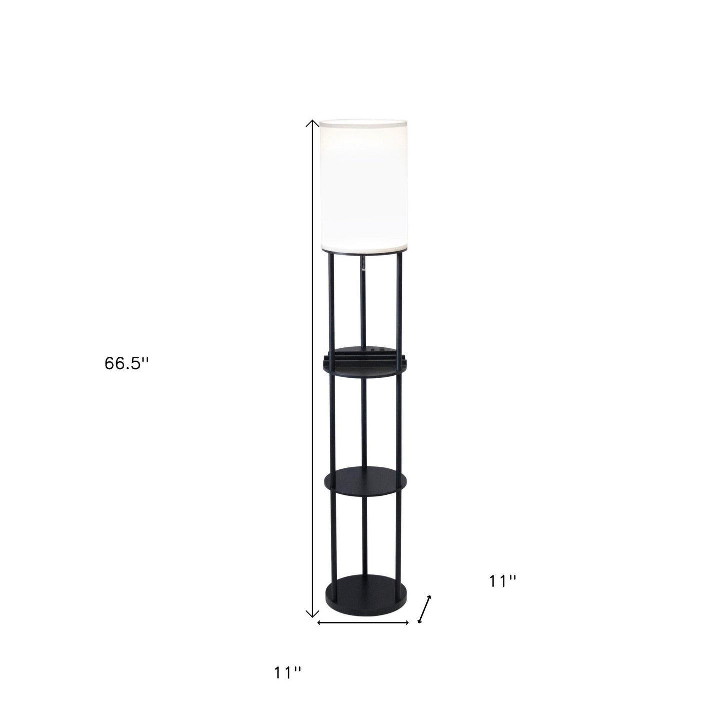 Black Wood Floor Lamp w/ Circular Charging Station Shelf