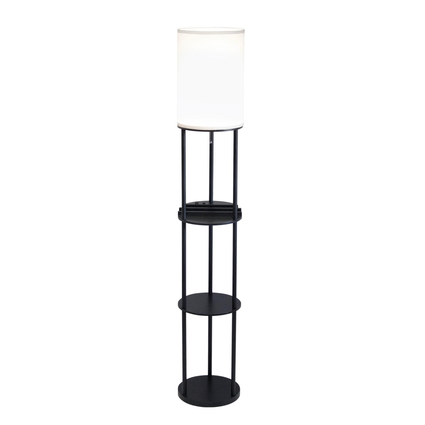 Black Wood Floor Lamp w/ Circular Charging Station Shelf