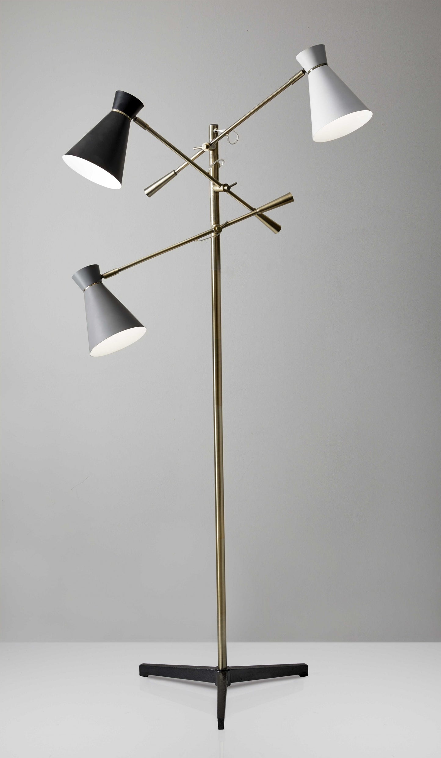 Three Arm Adjustable Floor Lamp In Brass w/ Grey Black & Shades