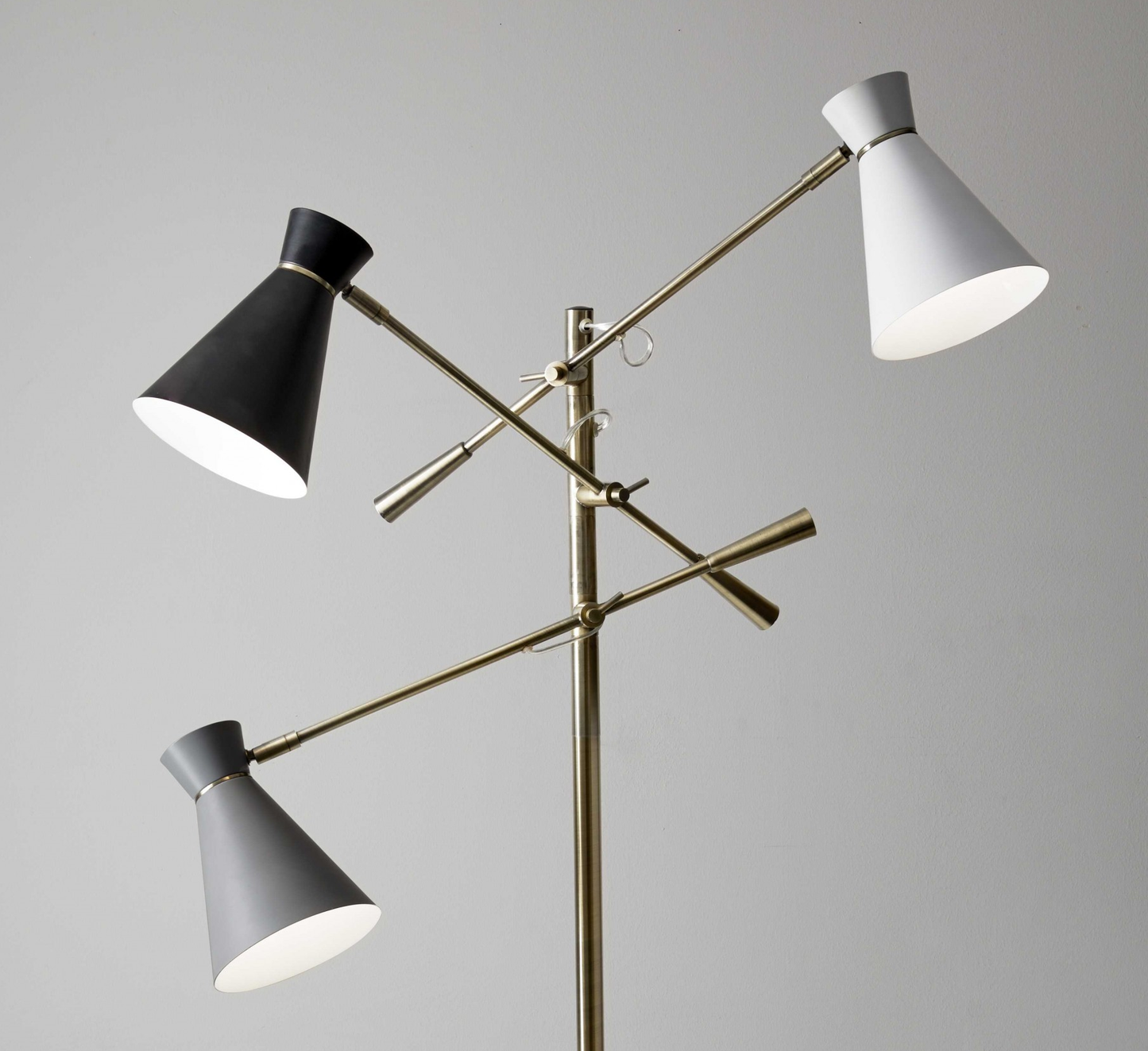 Three Arm Adjustable Floor Lamp In Brass w/ Grey Black & Shades