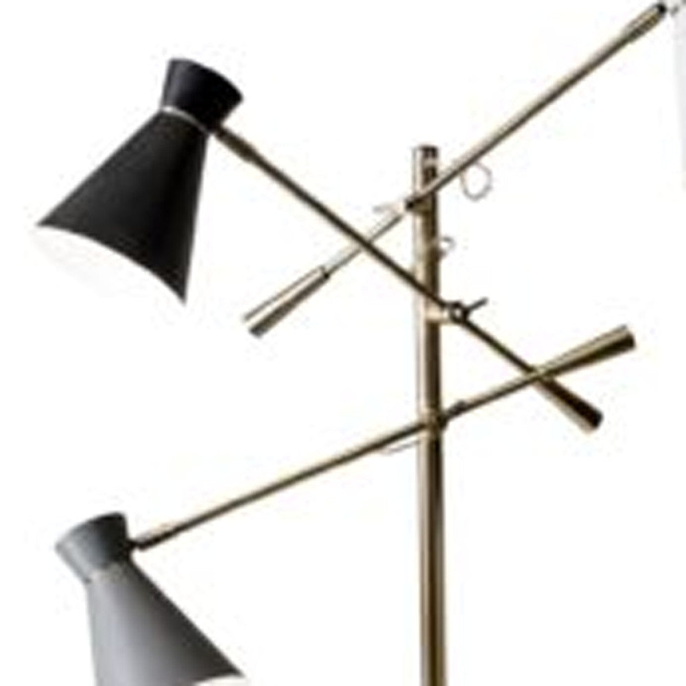 Three Arm Adjustable Floor Lamp In Brass w/ Grey Black & Shades