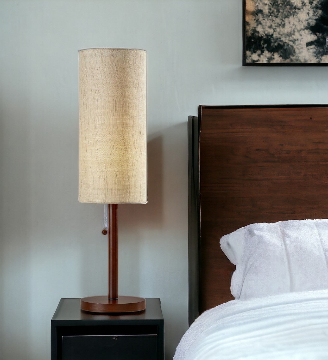 Walnut Solid Wood Standard Table Lamp w/ Beige Shade