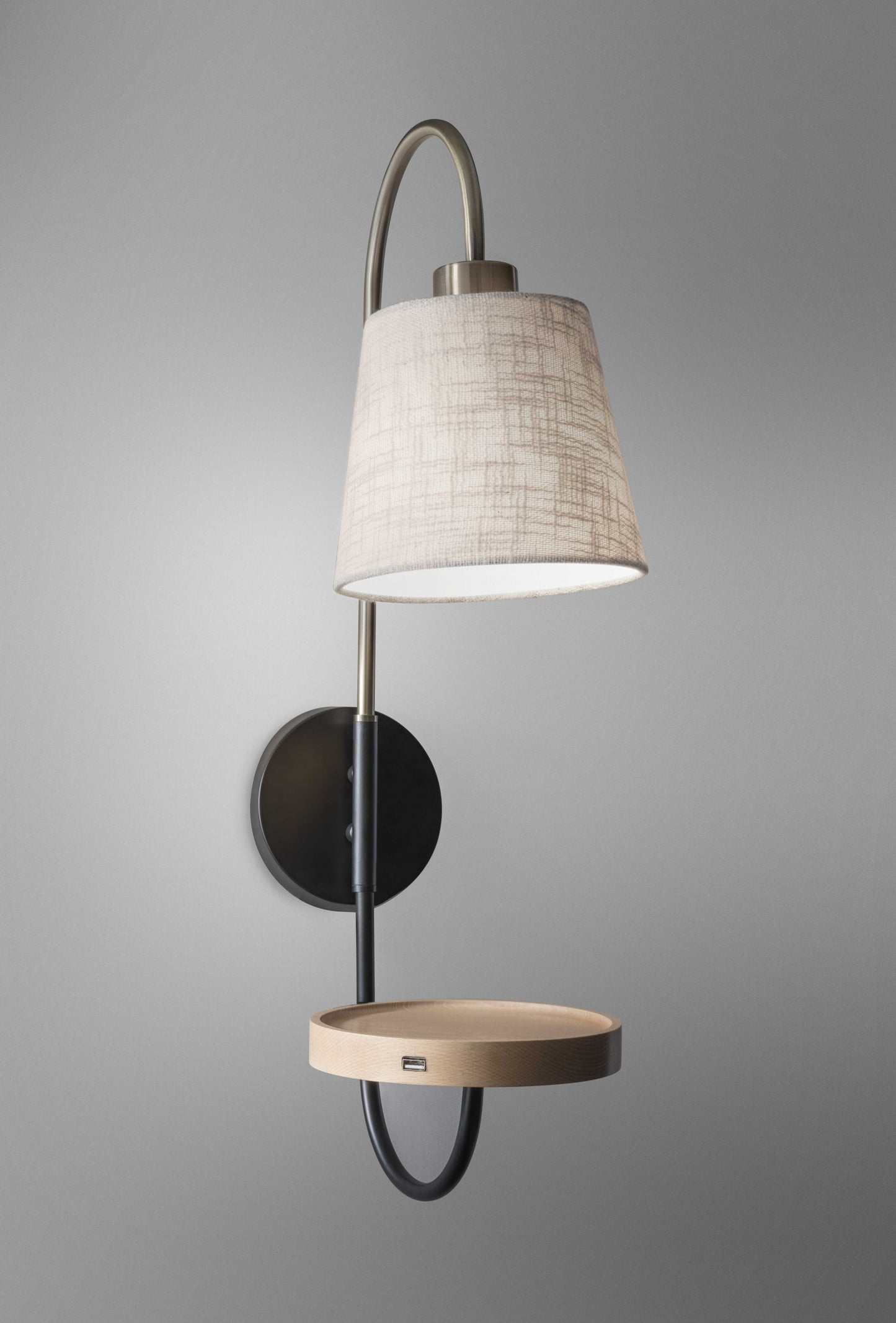 Antique Brass & Black Wall Lamp w/ Charging Station Wood Shelf