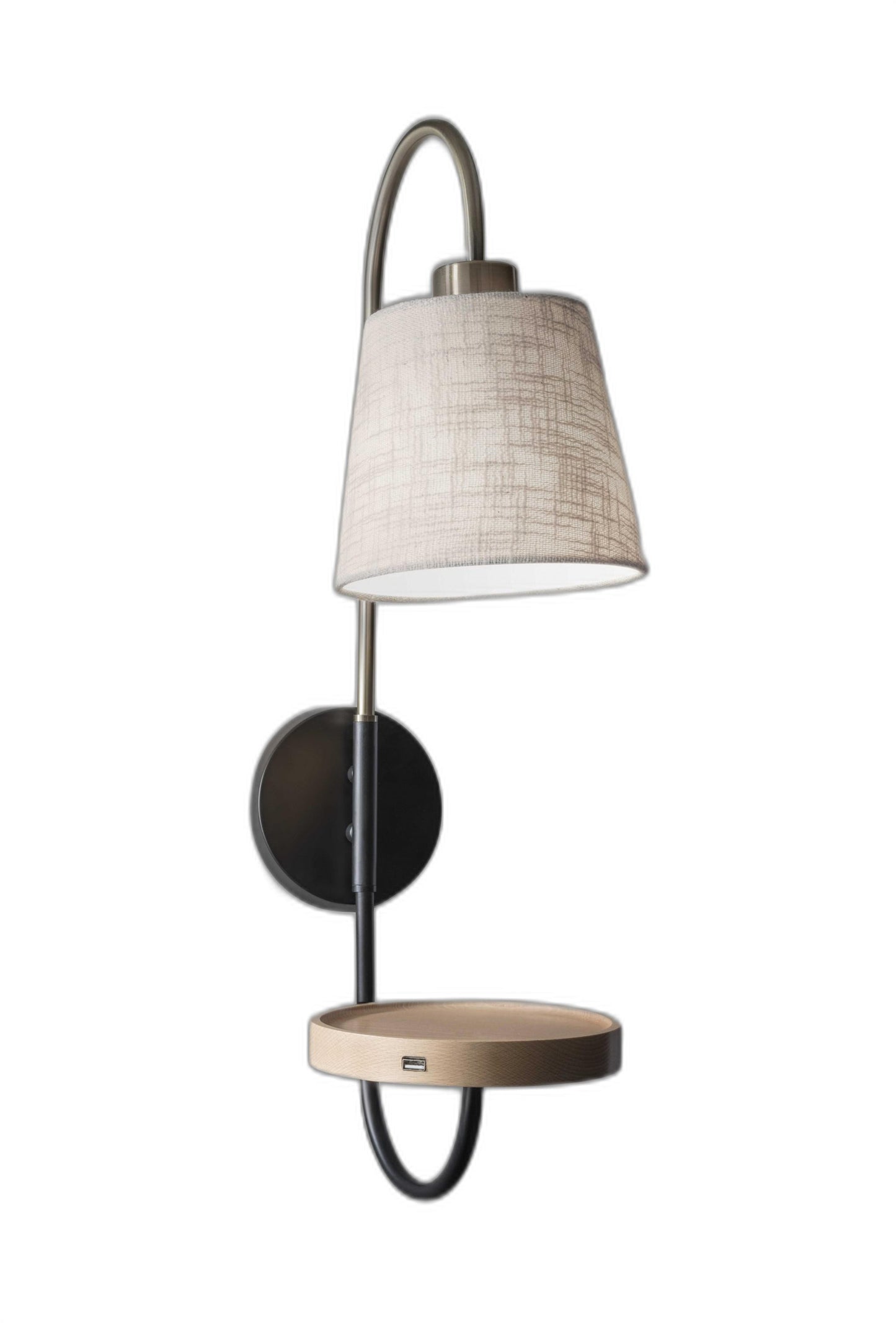 Antique Brass & Black Wall Lamp w/ Charging Station Wood Shelf