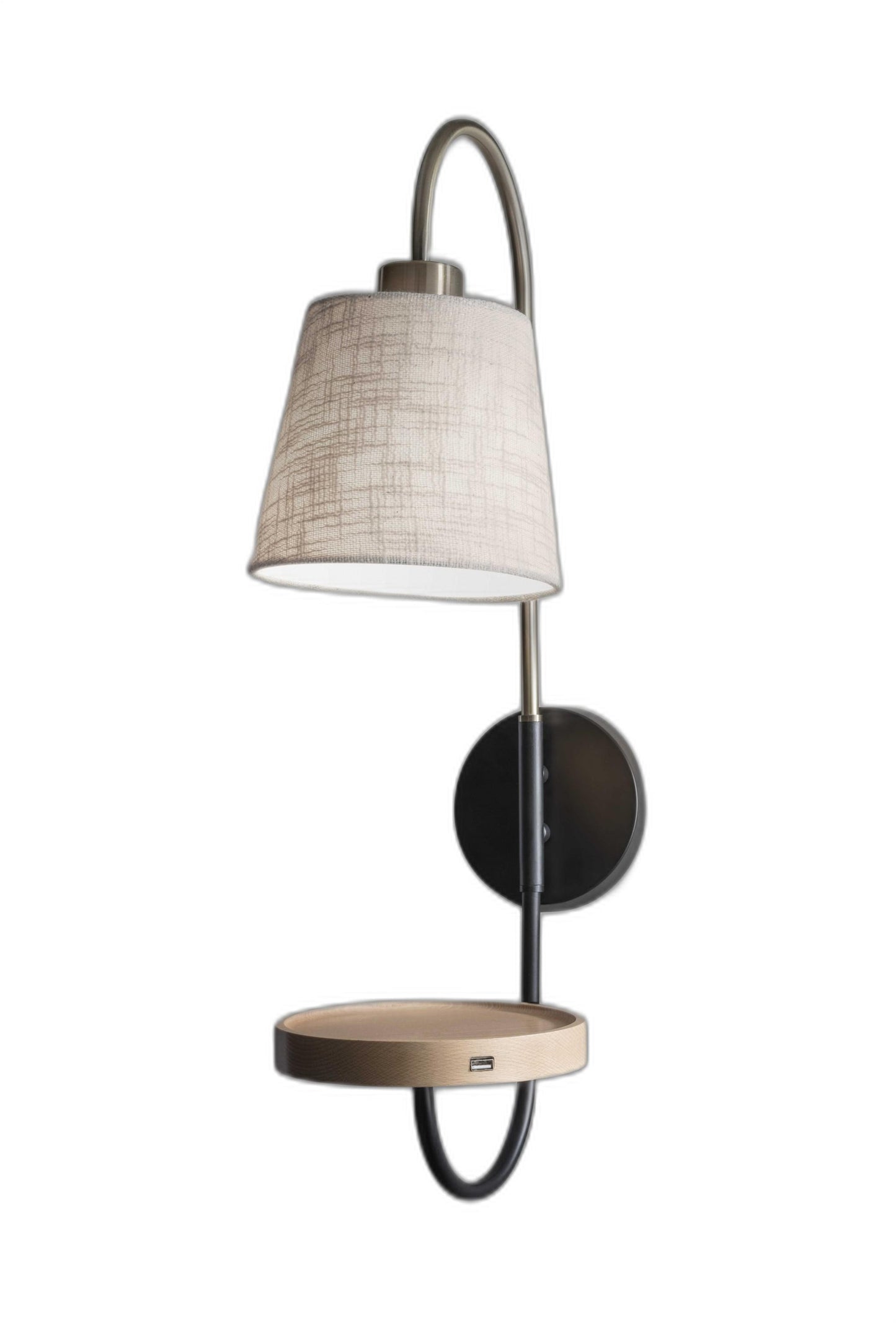 Antique Brass & Black Wall Lamp w/ Charging Station Wood Shelf