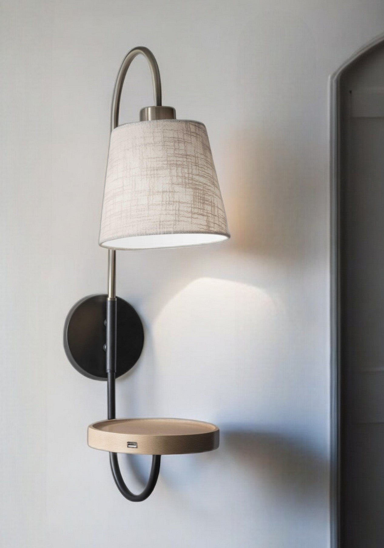 Antique Brass & Black Wall Lamp w/ Charging Station Wood Shelf