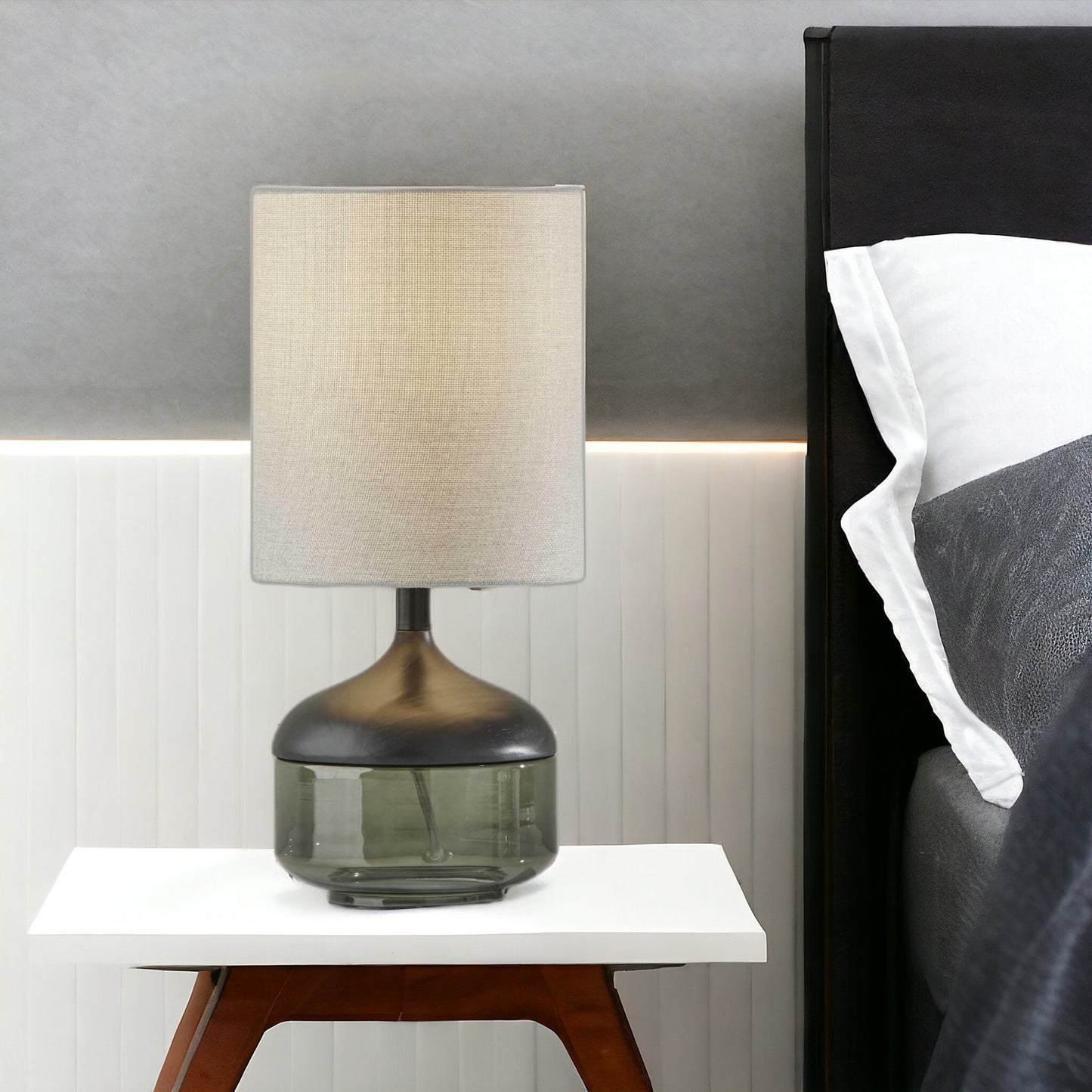 Petite Black Wood Smoked Glass Base w/ Lightly Textured Shade Table Lamp