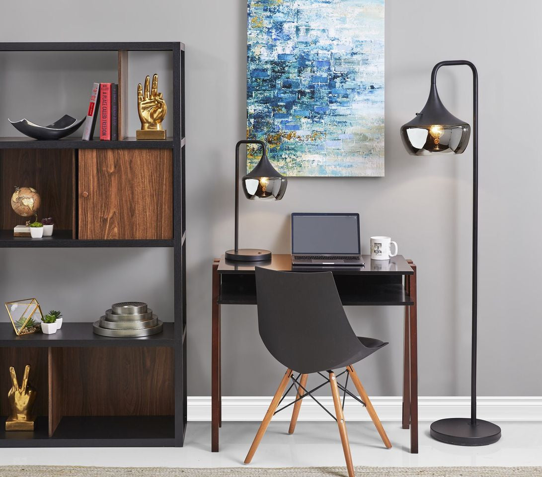 Black Task Floor Lamp w/ Black Bowl Shade