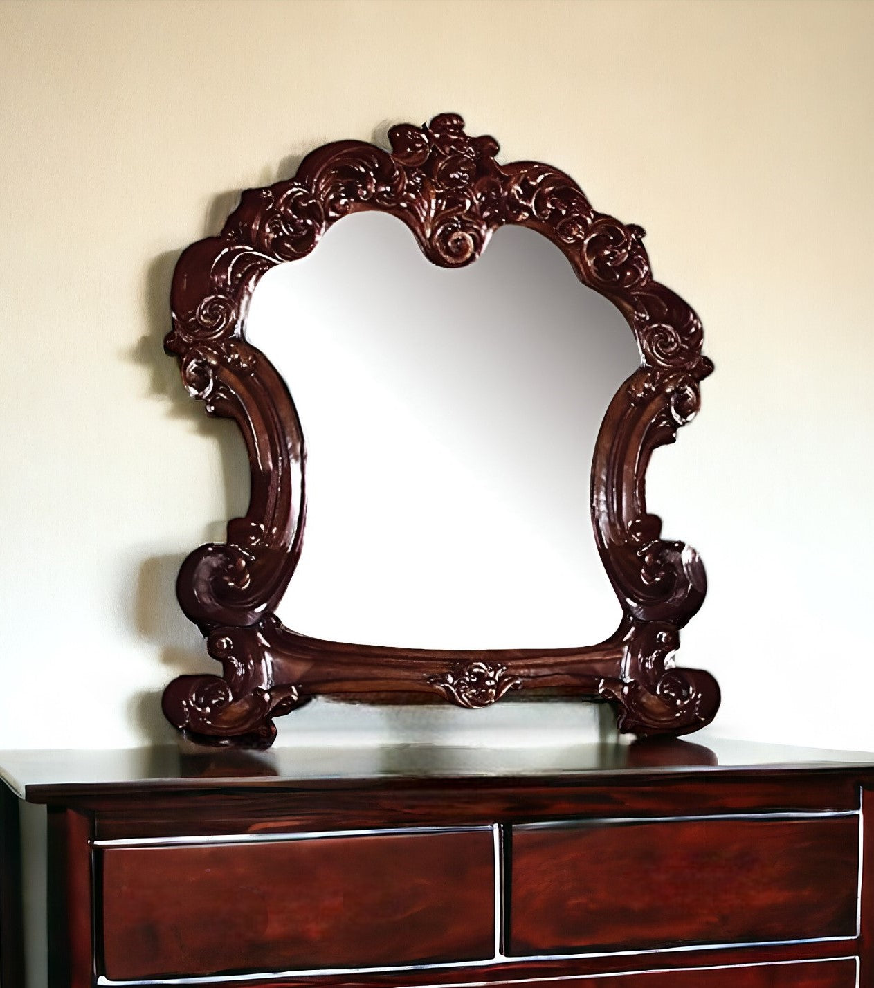 Brown Crowned Top Solid Wood Framed Mounted Dresser Mirror