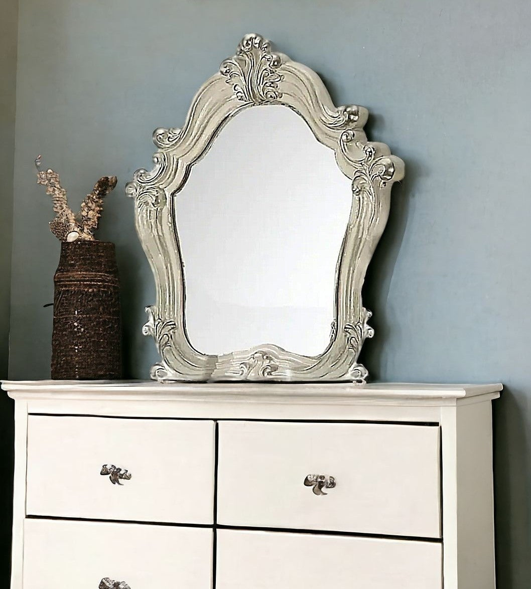 White And Silver Abstract Wood Framed Antiqued Glass Mounted Dresser Mirror