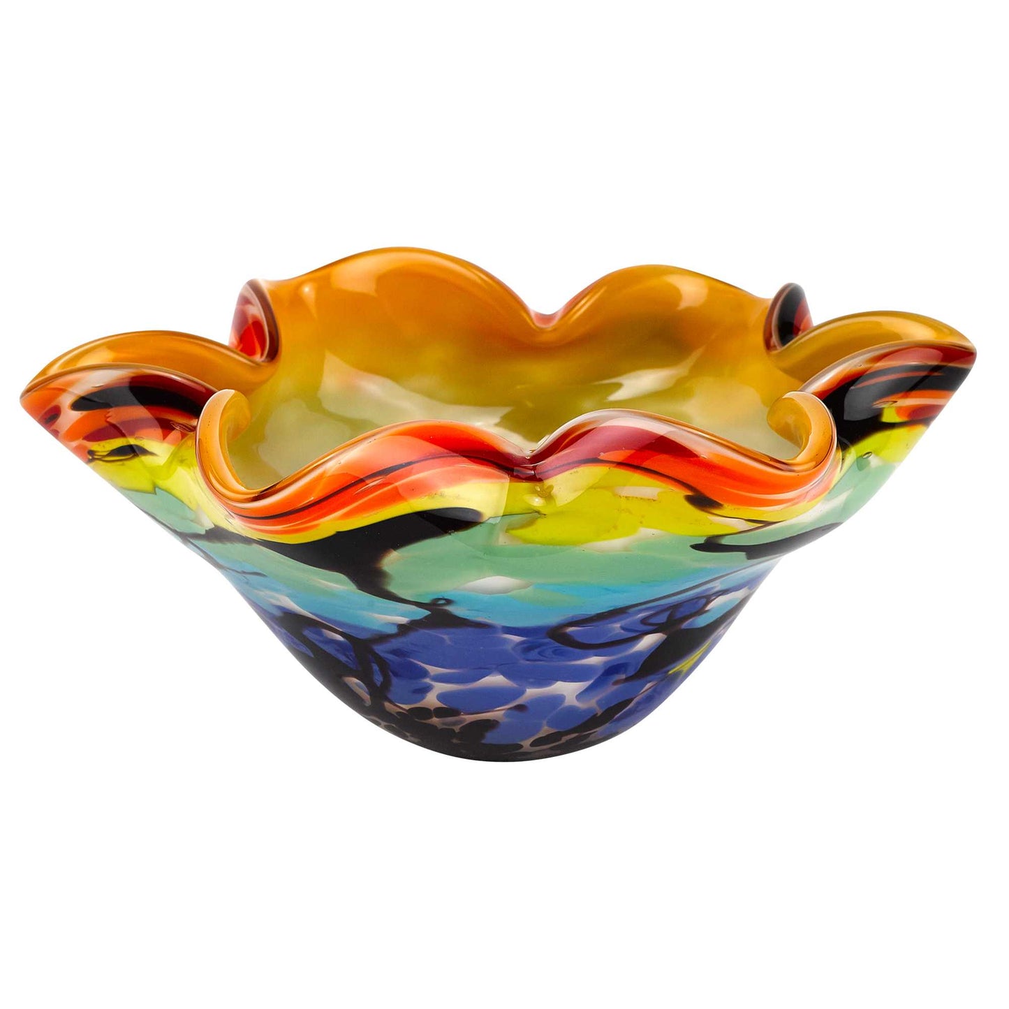 Rainbow Multi Art Glass Wavy Centerpiece Bowl