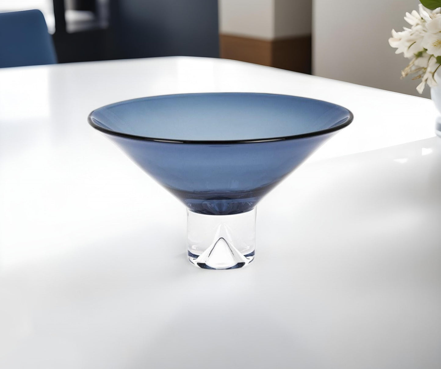 Blue Mouth Blown Crystal Round Pedestal Centerpiece Bowl
