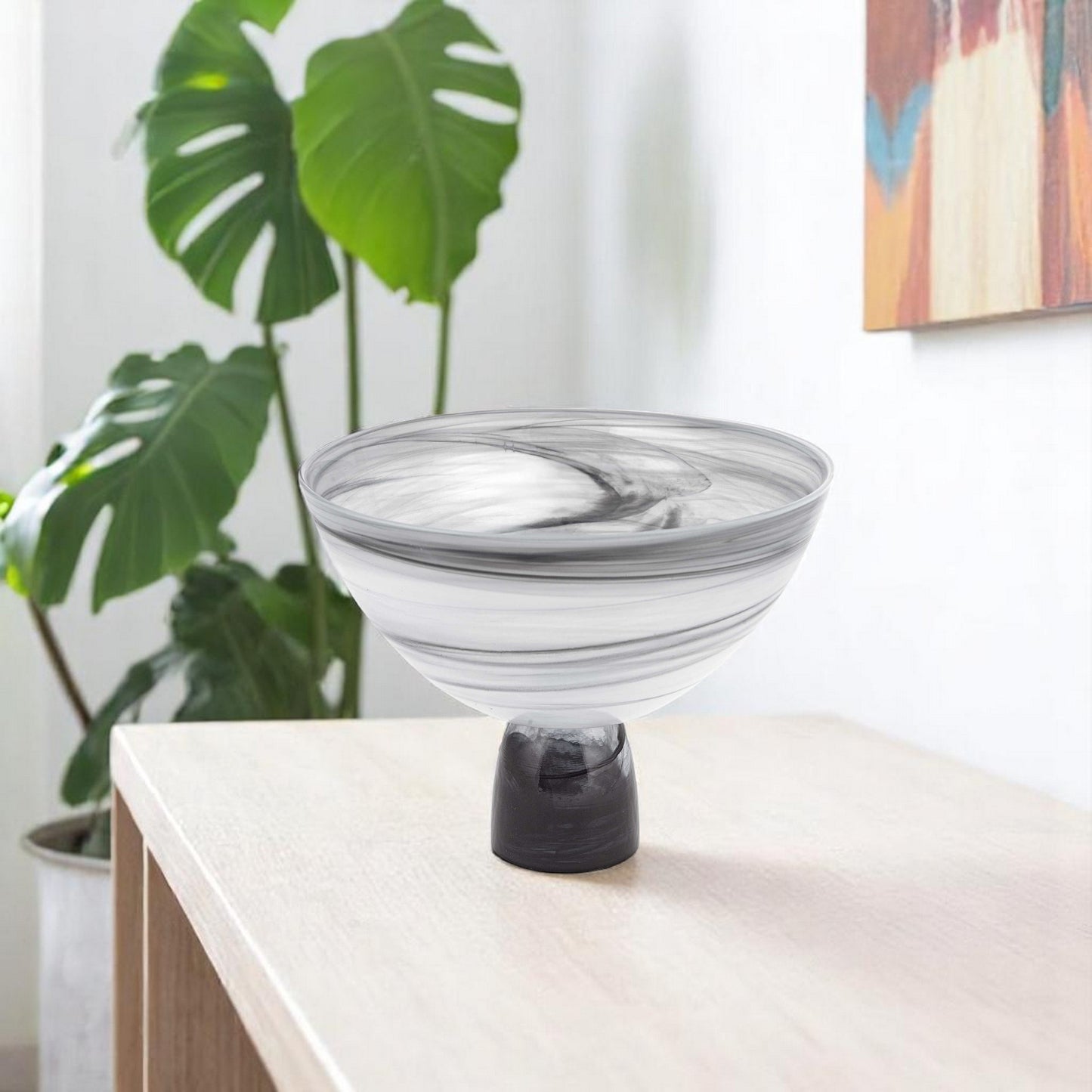 Black and Gray Swirl Mouth Blown Glass Footed Centerpiece Bowl