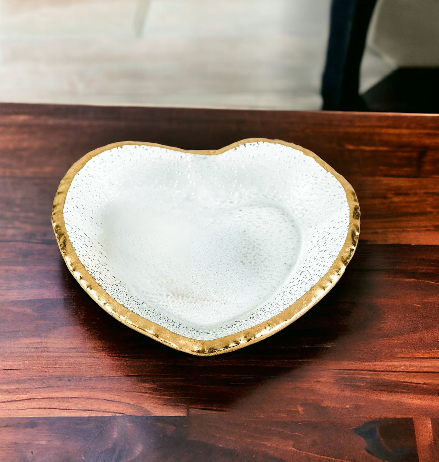 Mouth Blown Seeded Glass Heart Plate w/ Gold Rim
