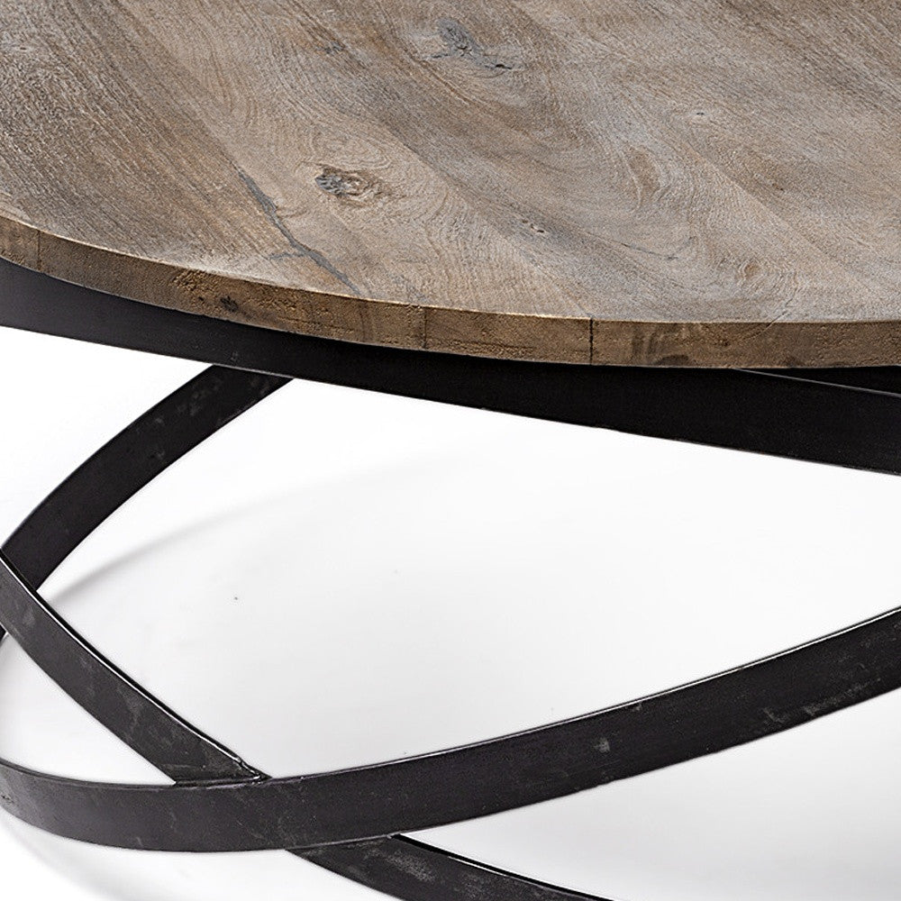 Brown & Black Solid Wood & Metal Round Coffee Table