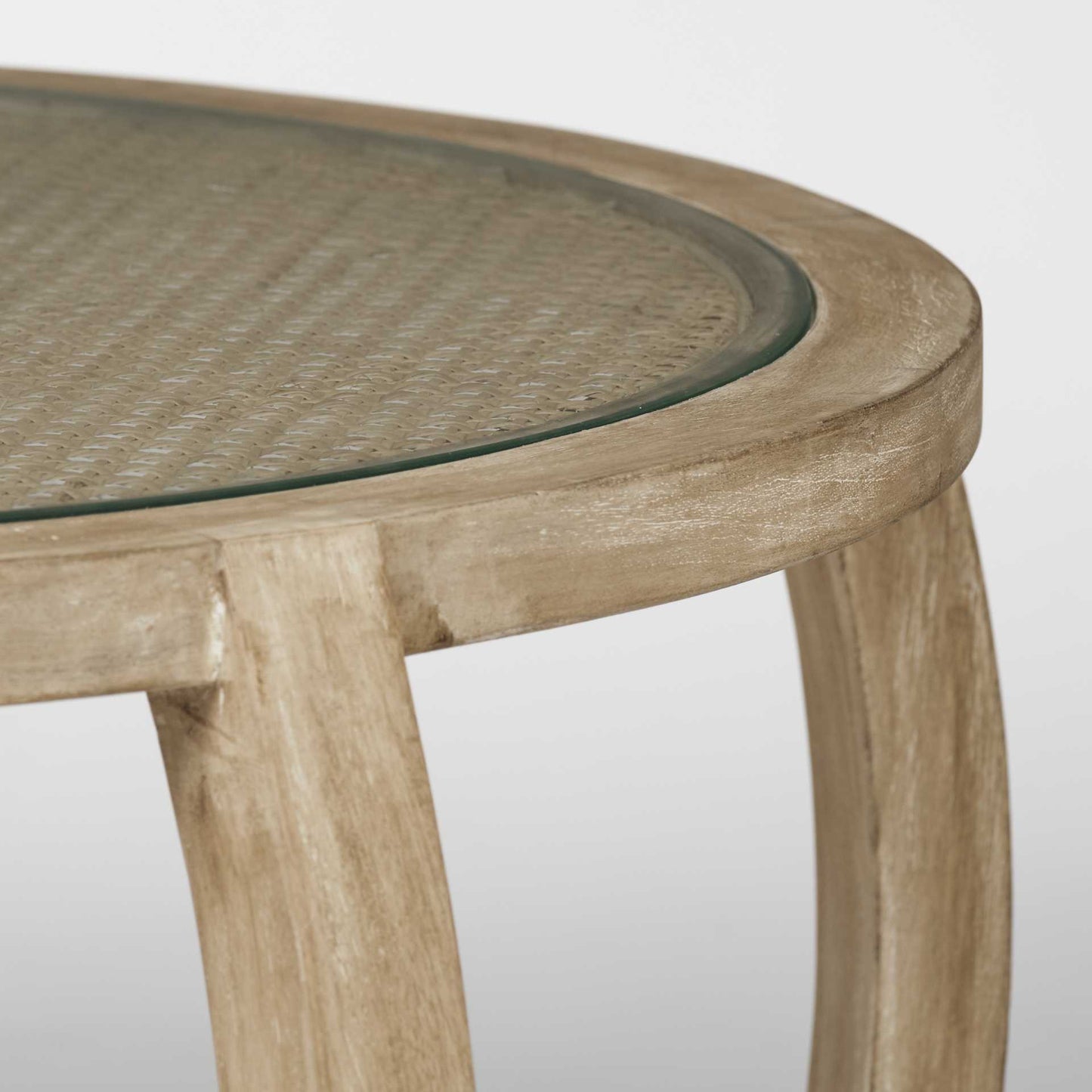 Round Woven Cane Glass Top & Solid Wood Coffee Tables
