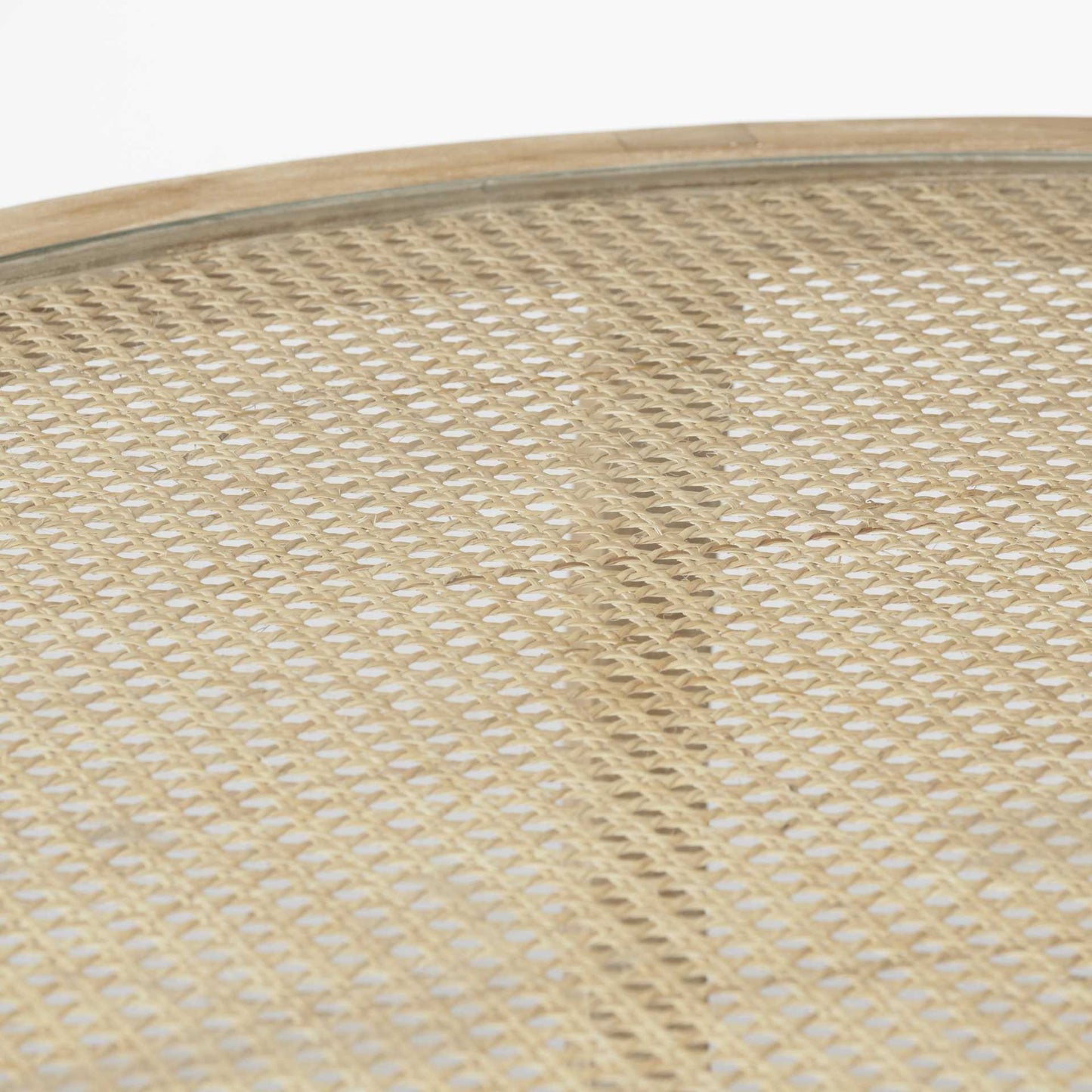 Round Woven Cane Glass Top & Solid Wood Coffee Tables