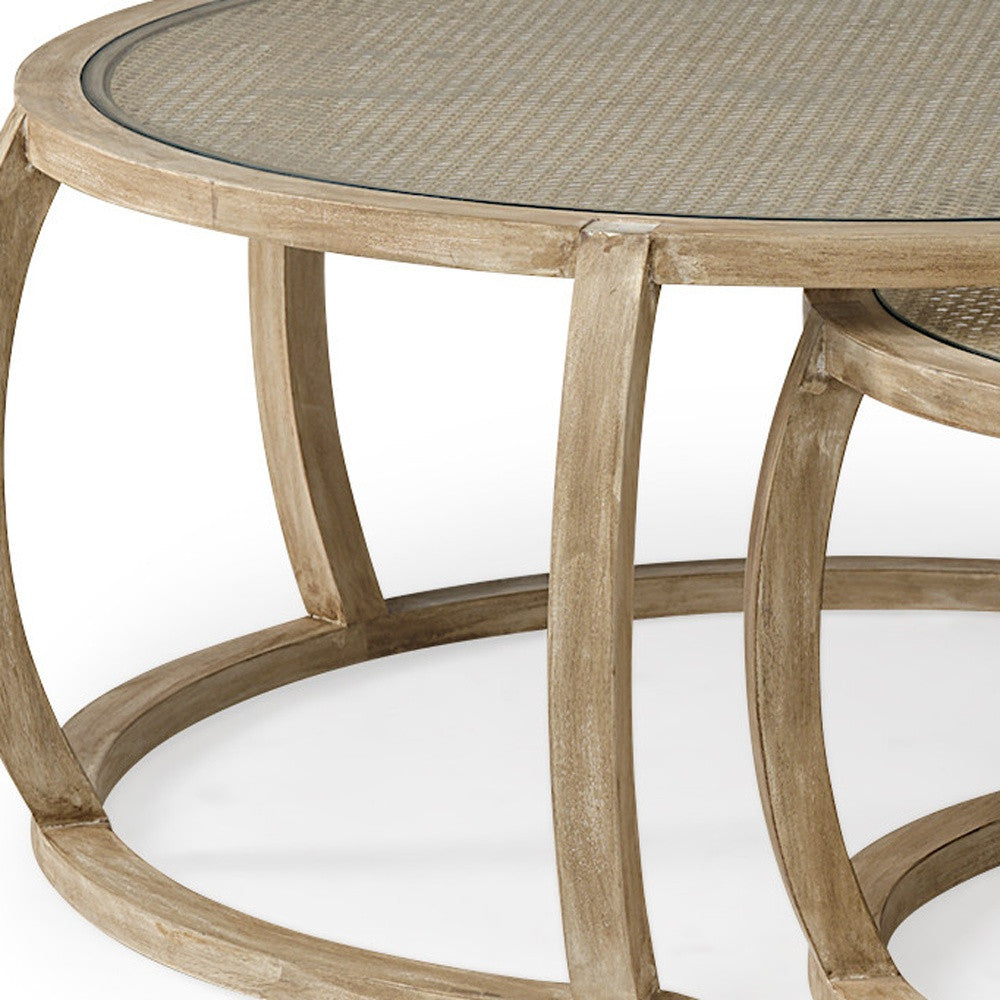 Round Woven Cane Glass Top & Solid Wood Coffee Tables