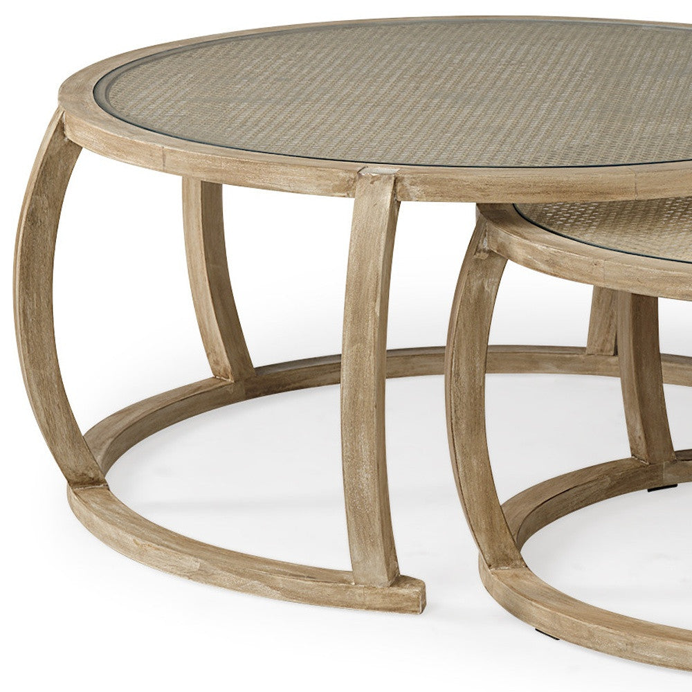 Round Woven Cane Glass Top & Solid Wood Coffee Tables