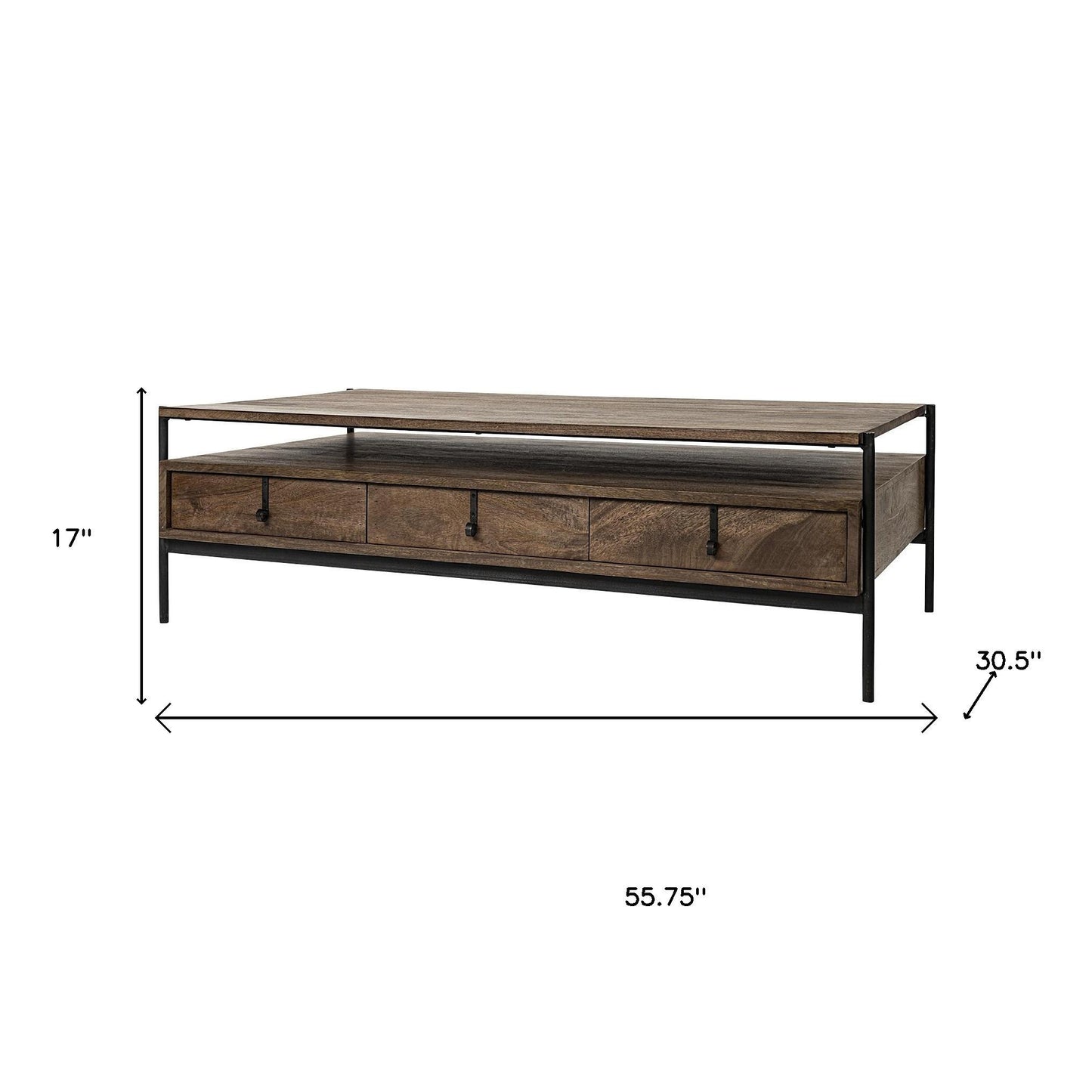 Brown & Black Solid Wood & Metal Coffee Table w/ Three Drawers image 9