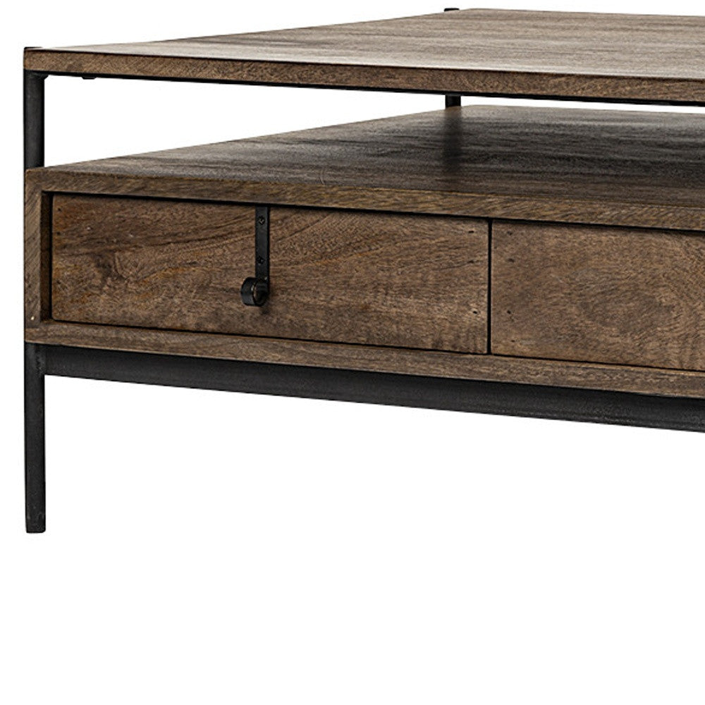 Rectangular Solid Wood & Black Metal Coffee Table W 3 Drawers