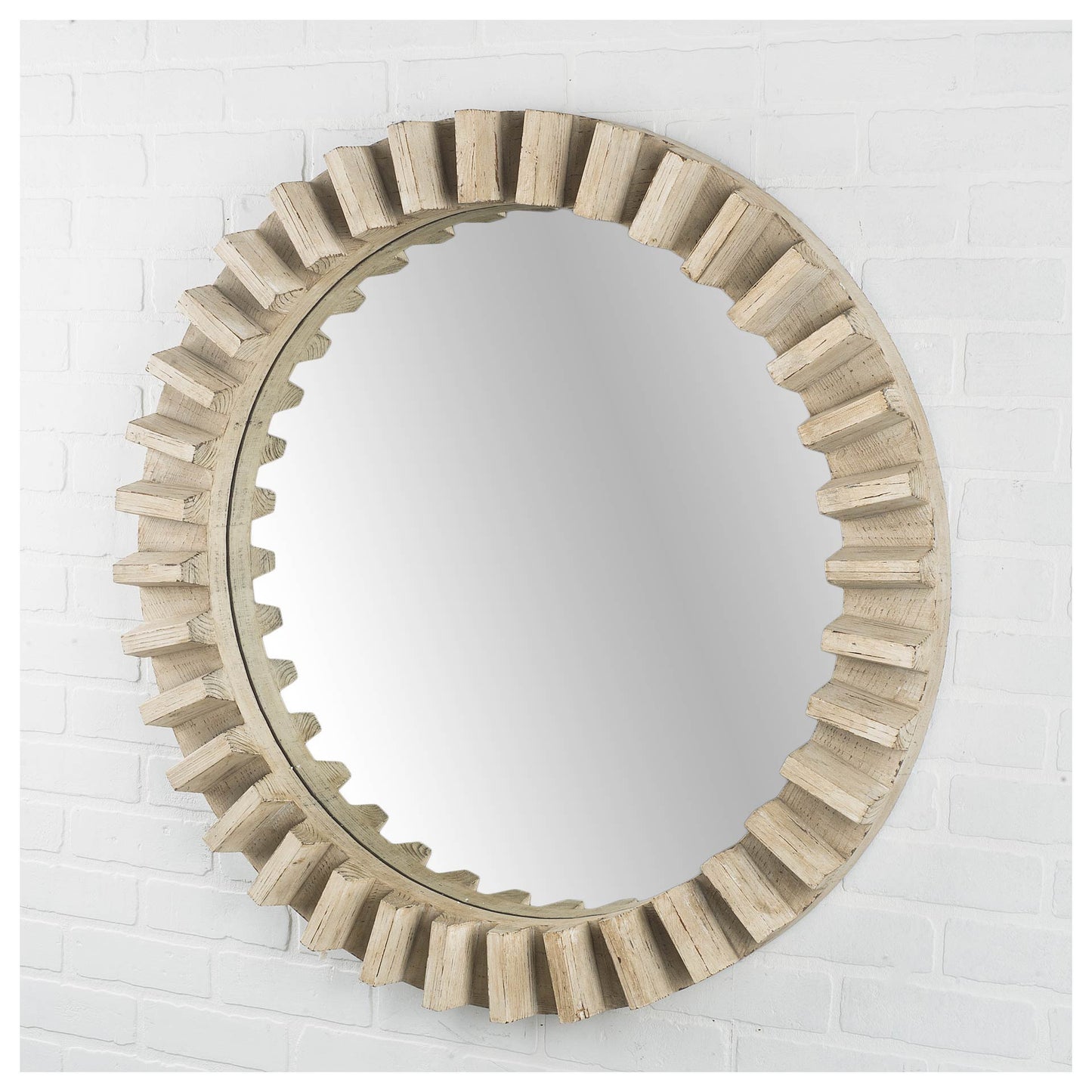 Round Natural Brown Wood Frame Wall Mirror