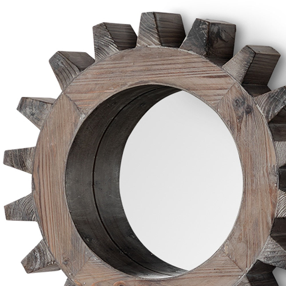 Cog Round Natural Wood Frame Wall Mirror