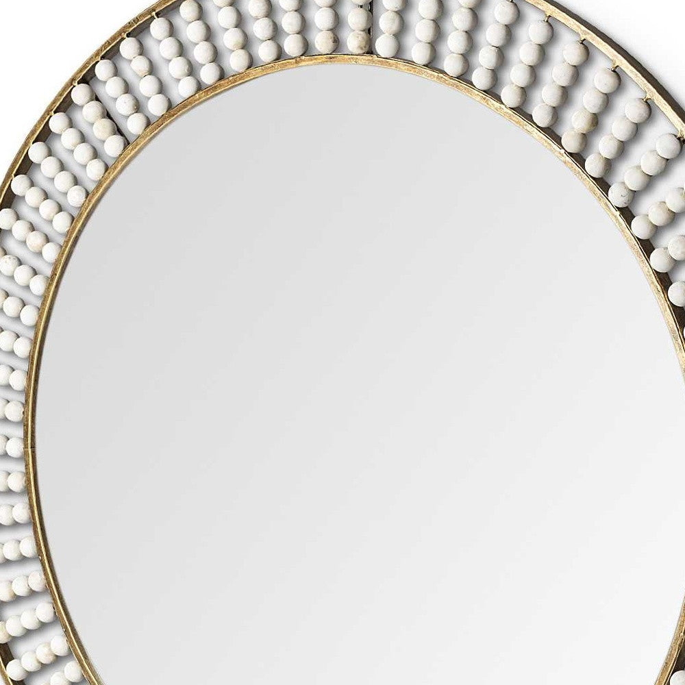 Round Gold Metal Frame Wall Mirror With White Wood Beads