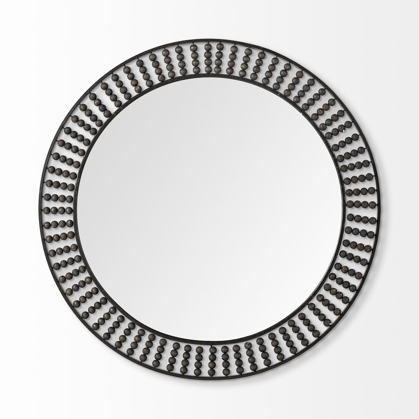 Round Black Metal Frame Wall Mirror With Wood Beads