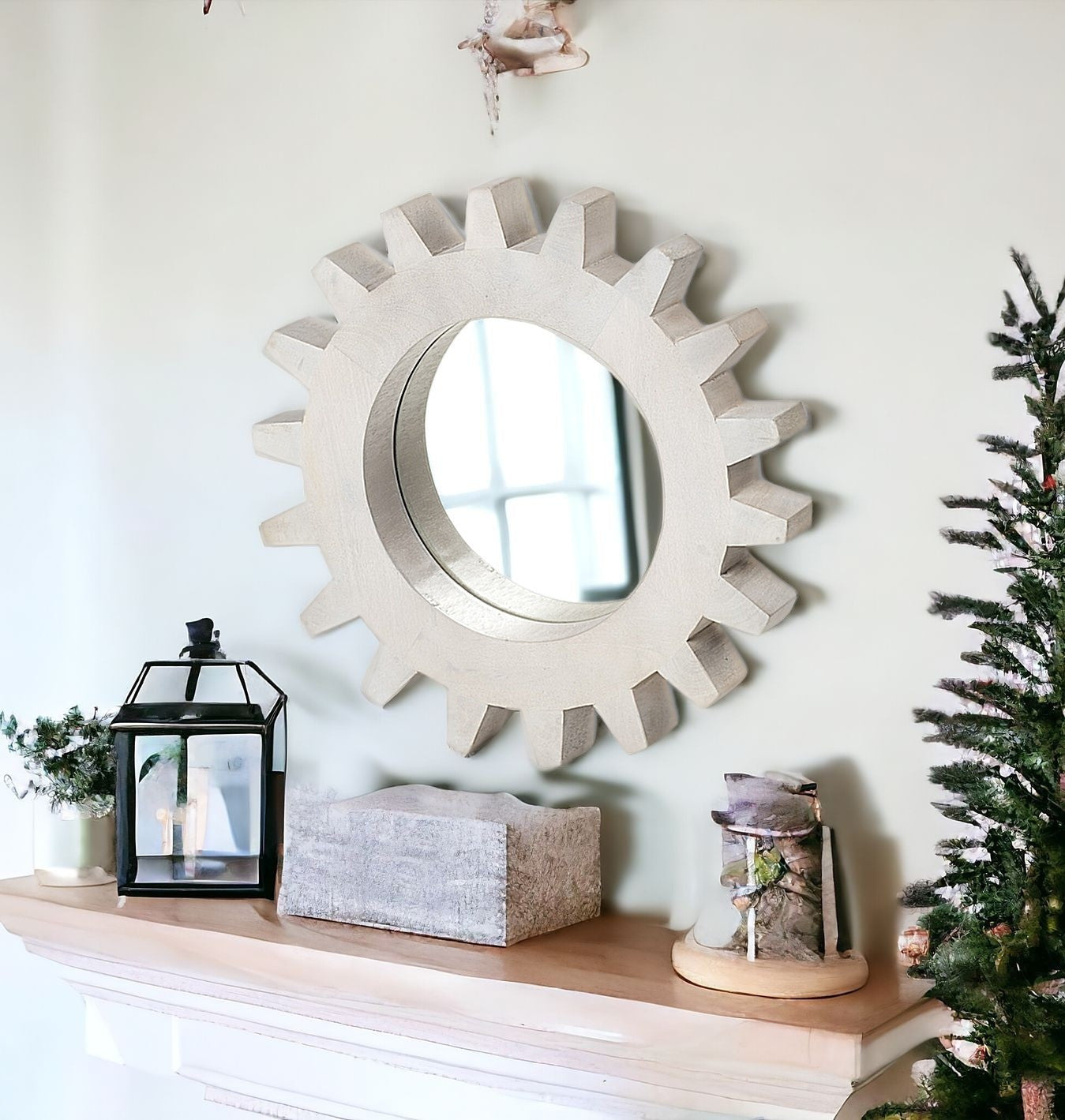 Cog Round White Wood Frame Wall Mirror