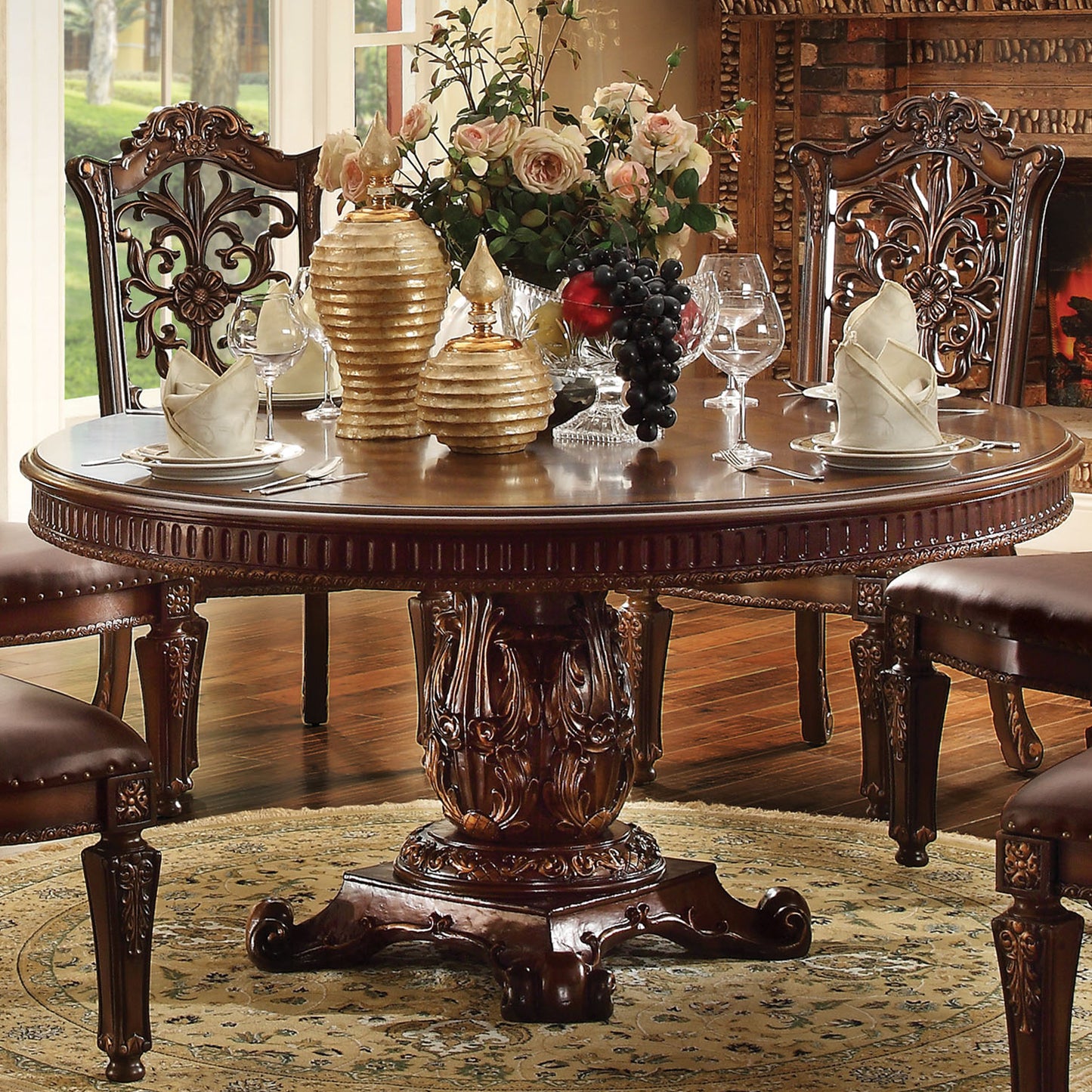 Brown Solid Wood Pedestal Base Dining Table