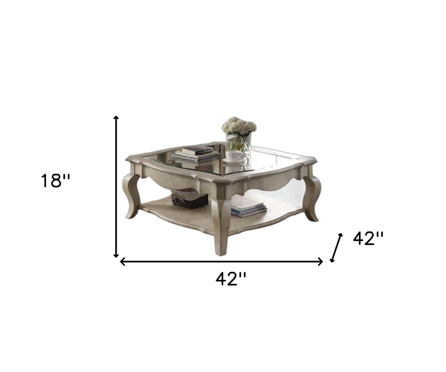 Clear & Taupe Glass & Solid Wood Square Coffee Table