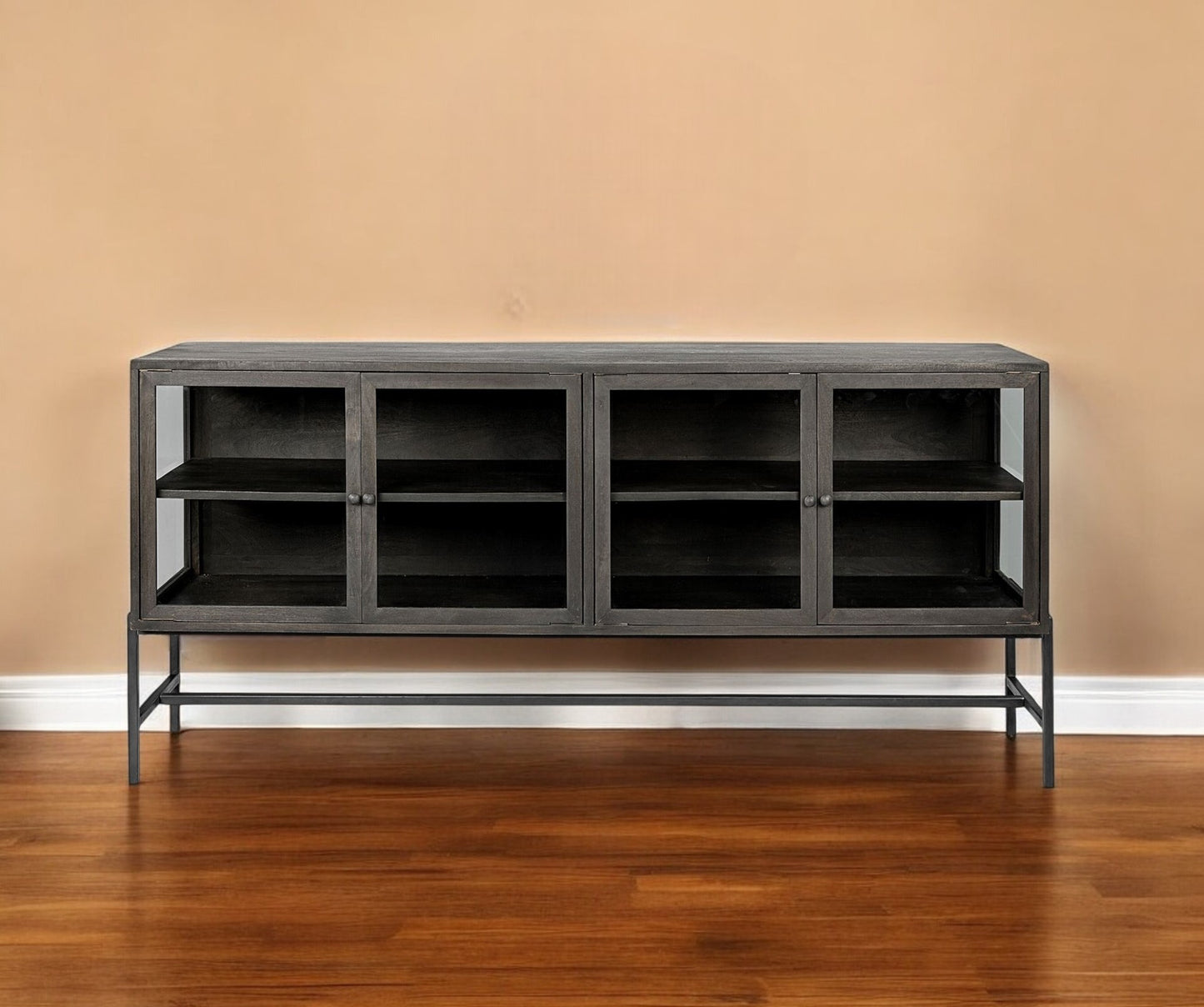 Black Solid Wood Sideboard w/ 4 Glass Doors