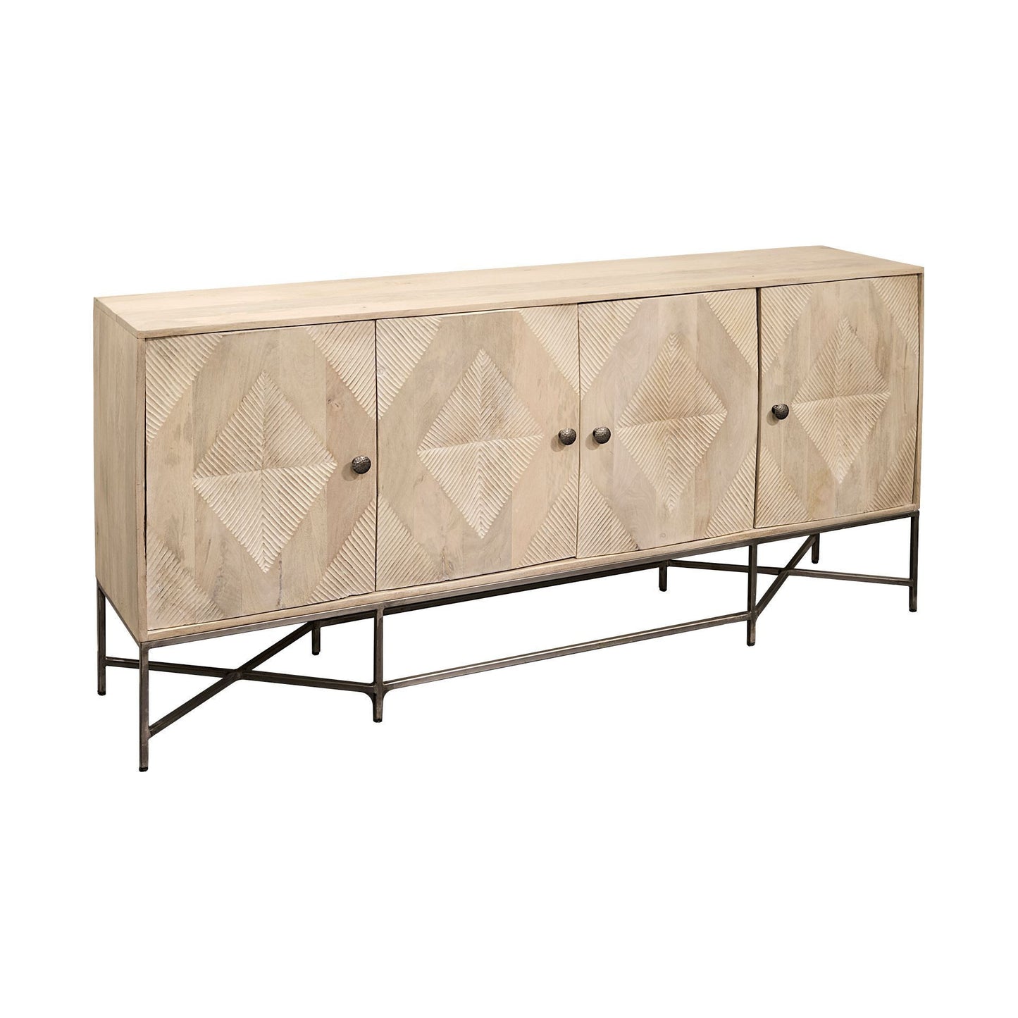 Light Brown Solid Mango Wood Sideboard w/ 4 Cabinet Doors