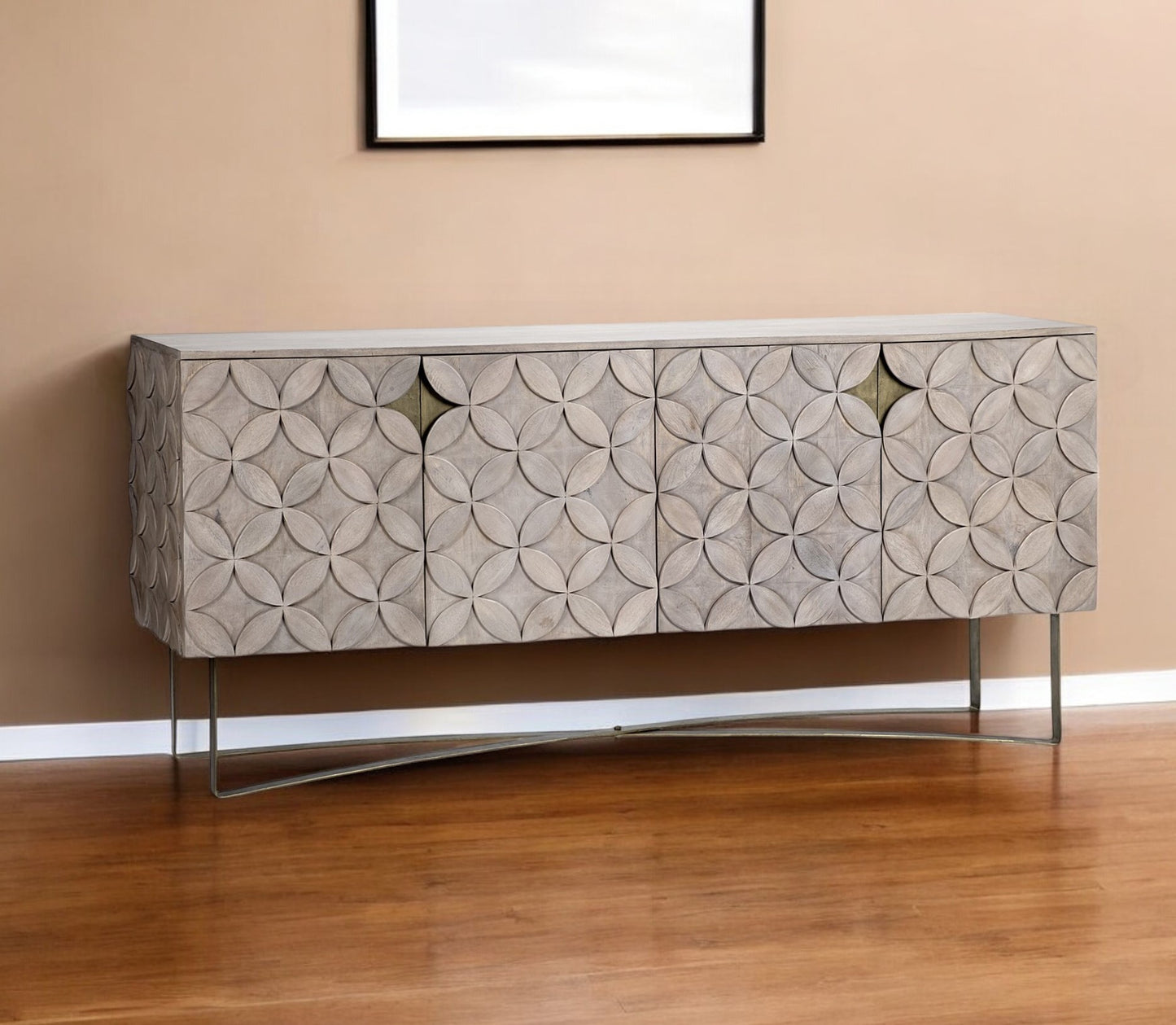 Light Brown Solid Wood Sideboard w/ 4 Doors