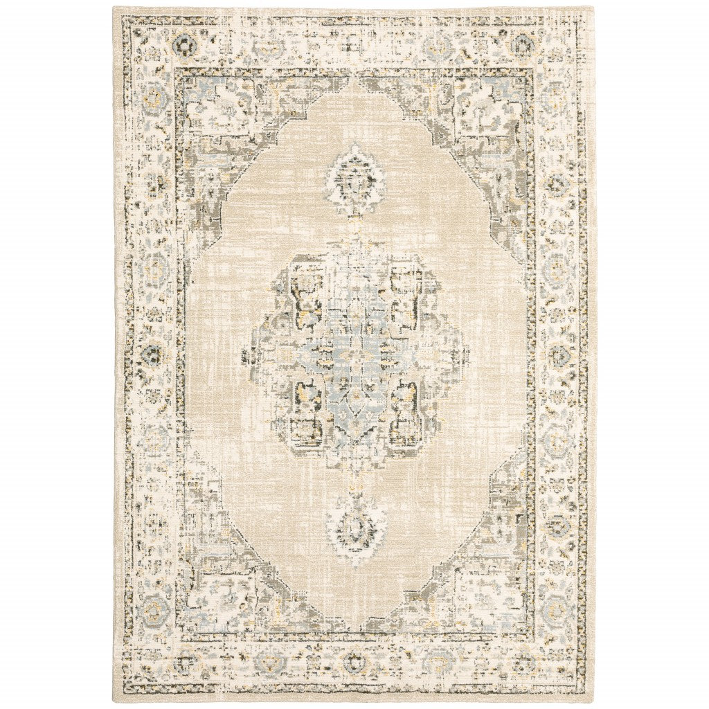 7 x 9 Beige & Ivory Center Jewel Rug