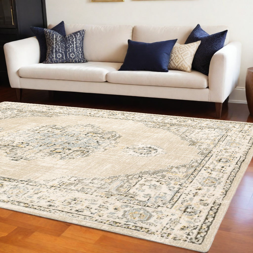 7 x 9 Beige & Ivory Center Jewel Rug