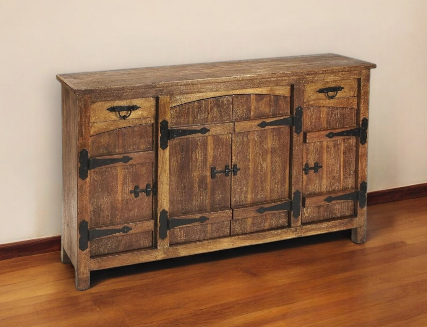 Brown Solid Wood 2 Drawer Sideboard w/ 4 Doors