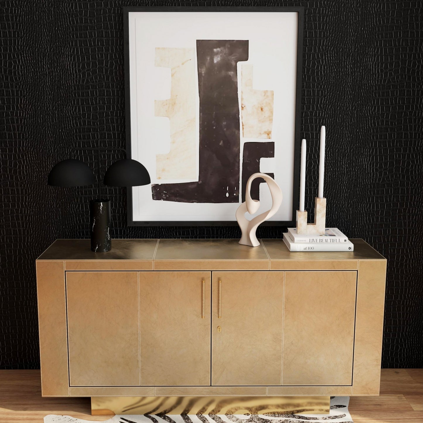 Gold Solid Wood Sideboard Table w/ 2 Doors