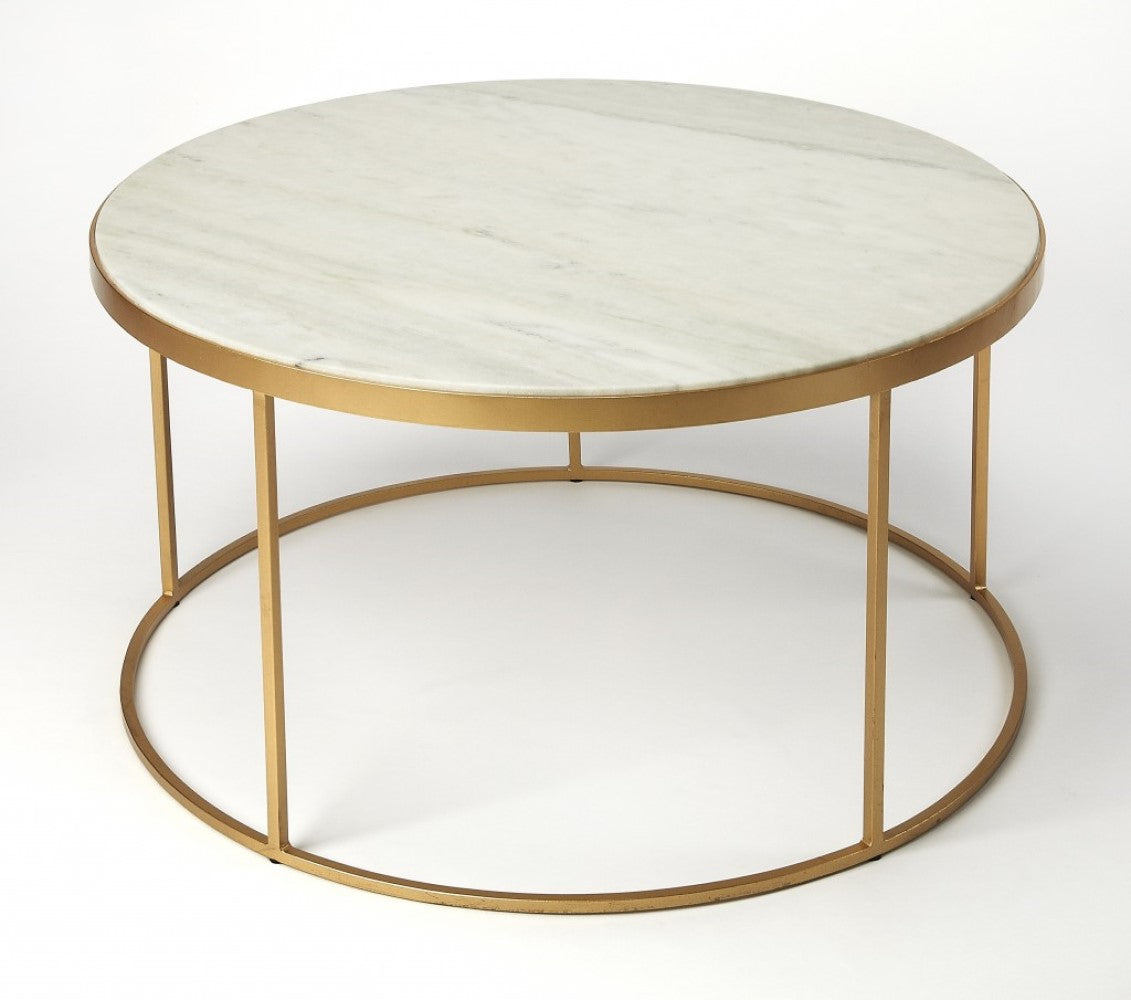 Multi-Color & Off White Marble & Metal Round Coffee Table