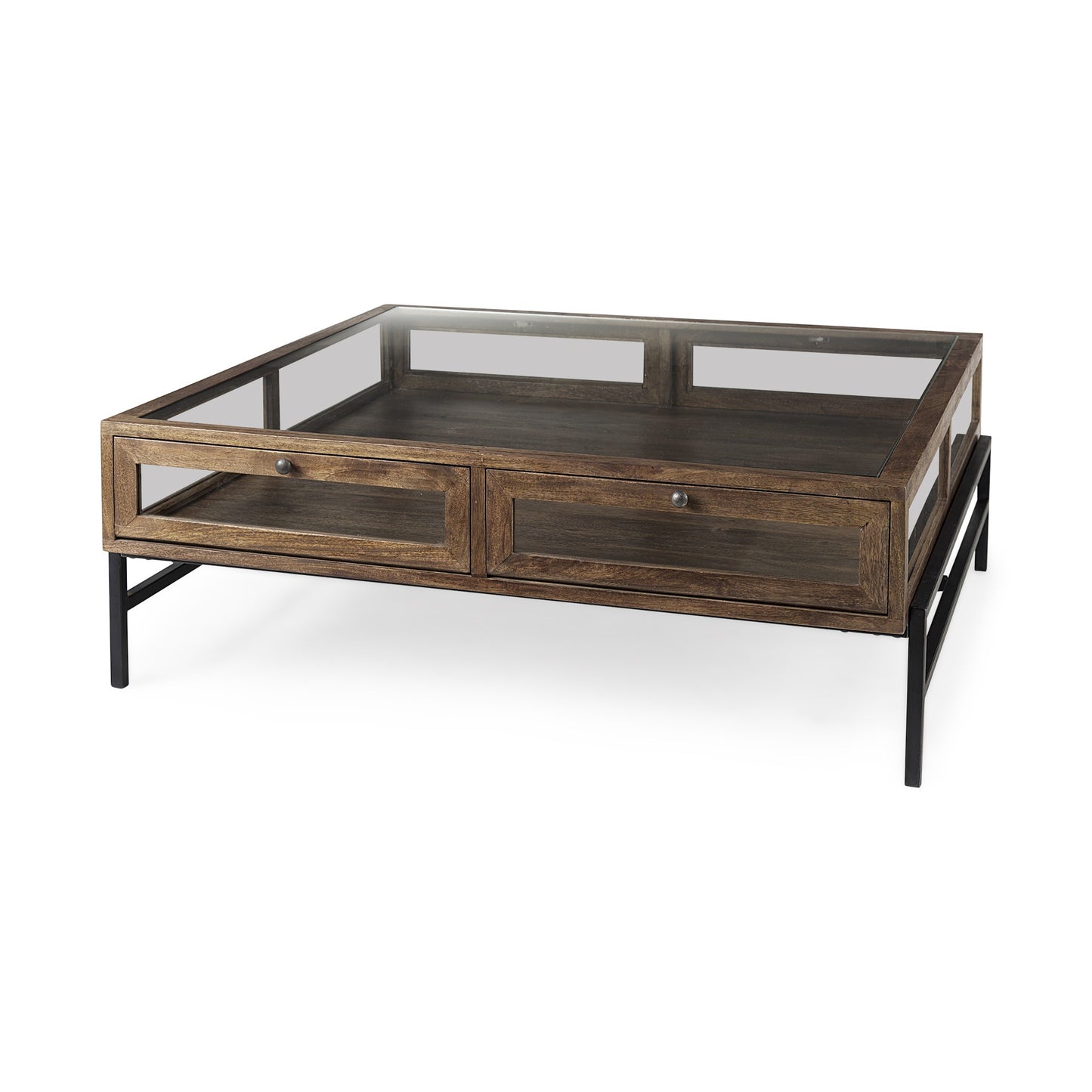 Dark Brown Glass & Metal Square Coffee Table