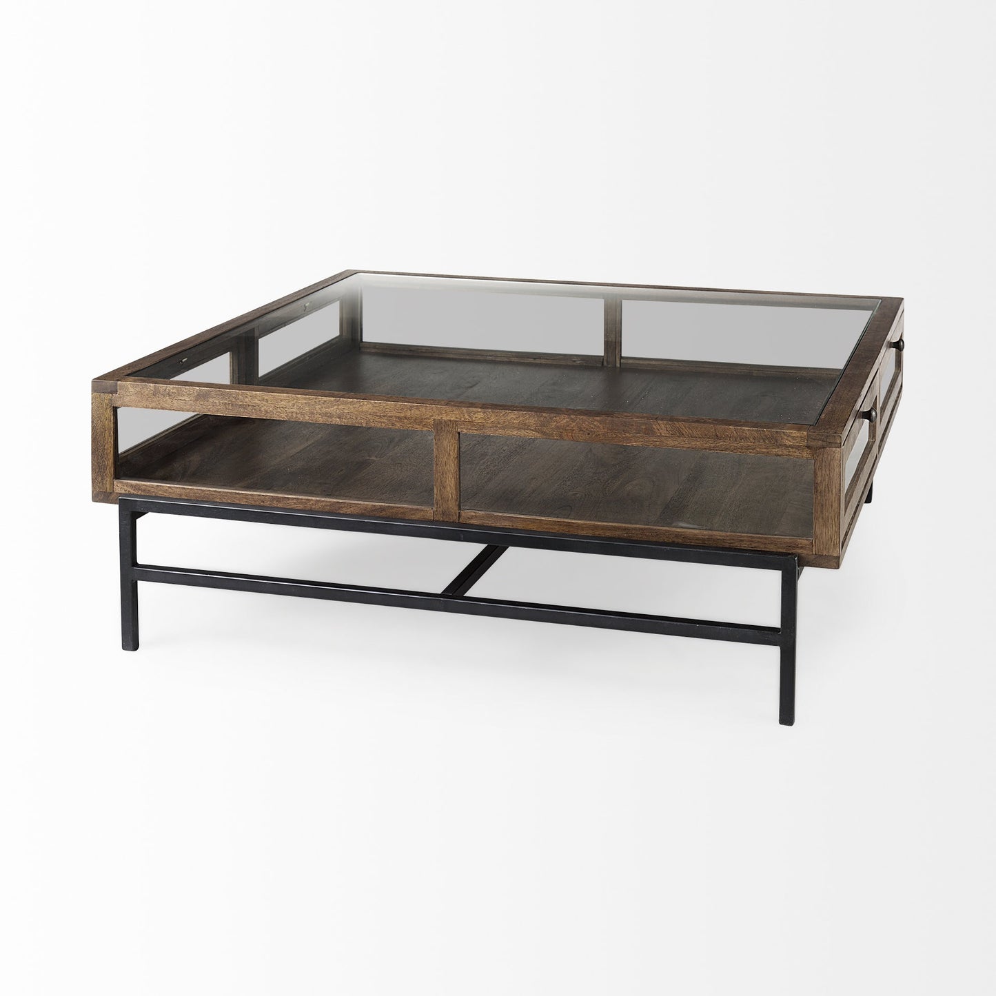 Dark Brown Glass & Metal Square Coffee Table