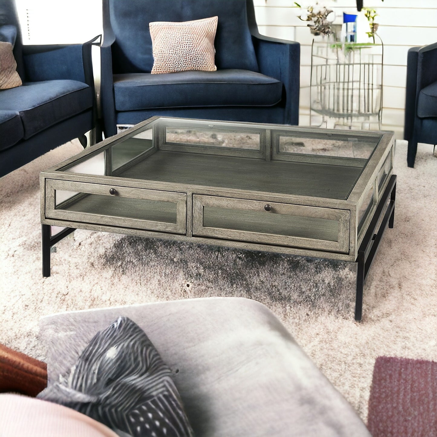 Gray & Black Glass & Metal Square Coffee Table