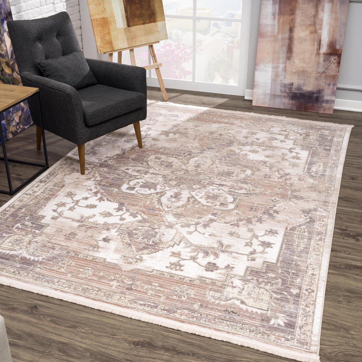 7 x 9 Beige & Ivory Medallion Power Loom Rug