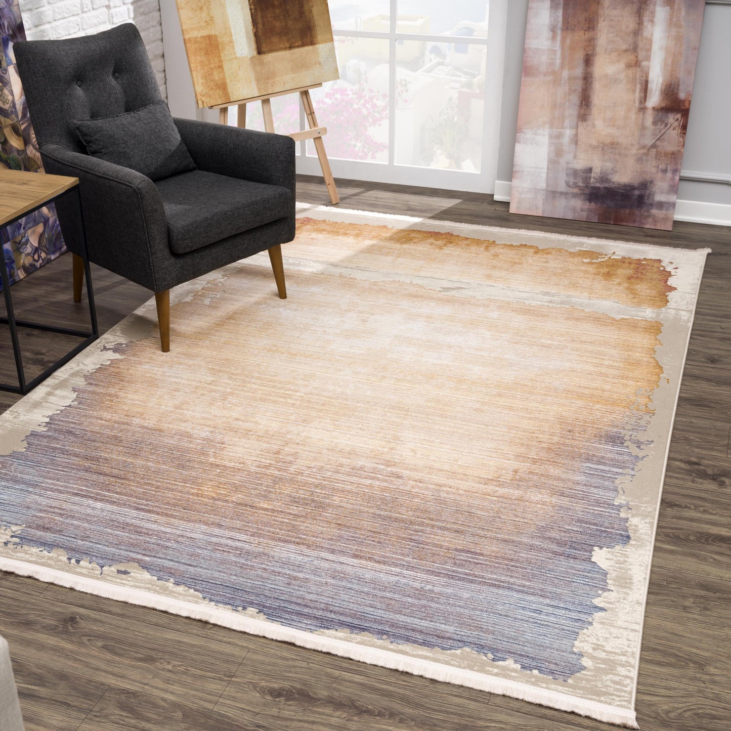 7 x 9 Beige & Blue Non Skid Rug