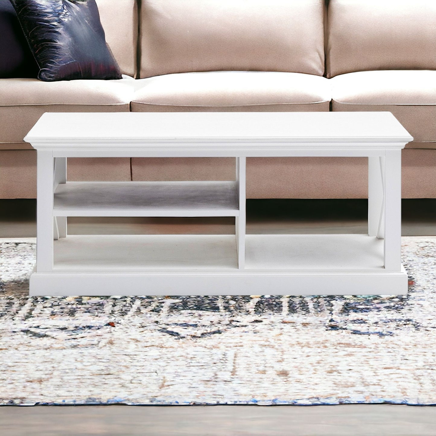 White Solid Wood & Wood Coffee Table w/ 3 Shelves