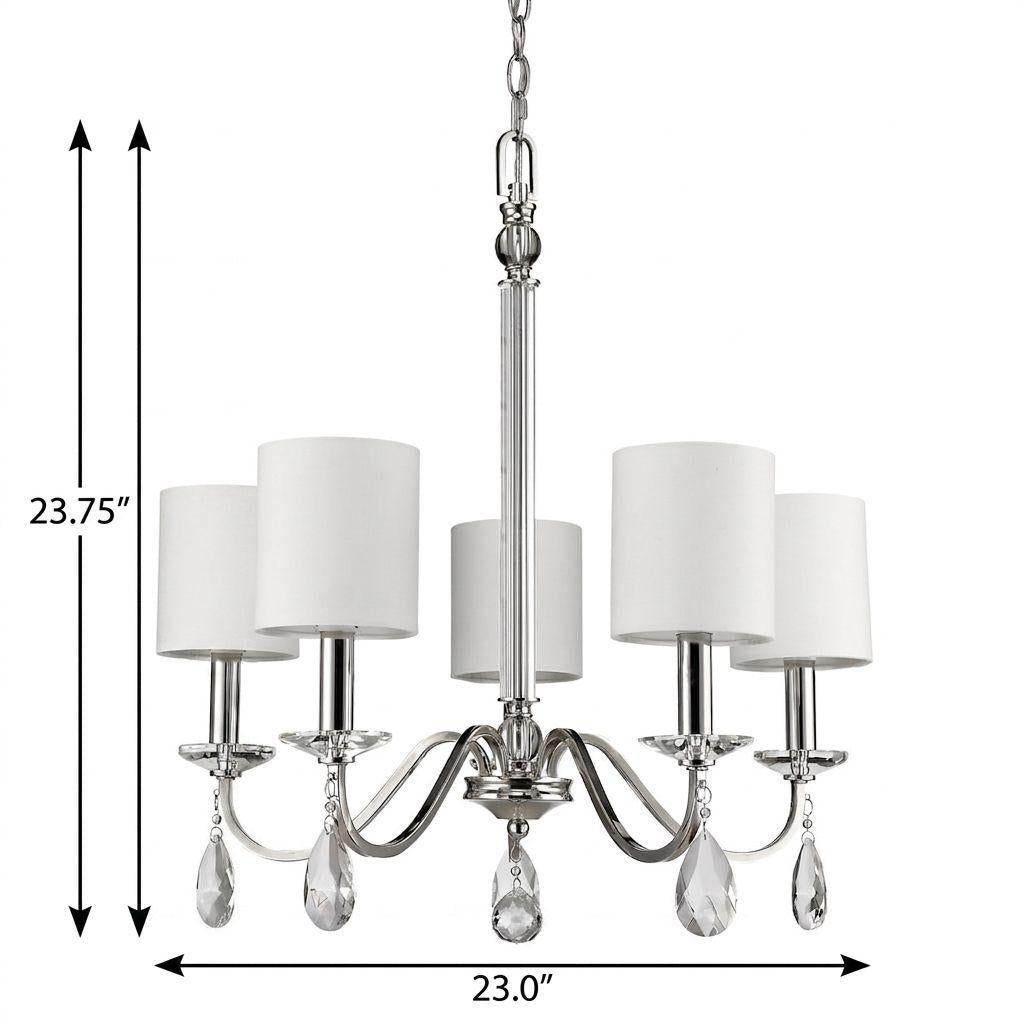 Silver Candle Style 5 Light & Crystals Dimmable Chandelier