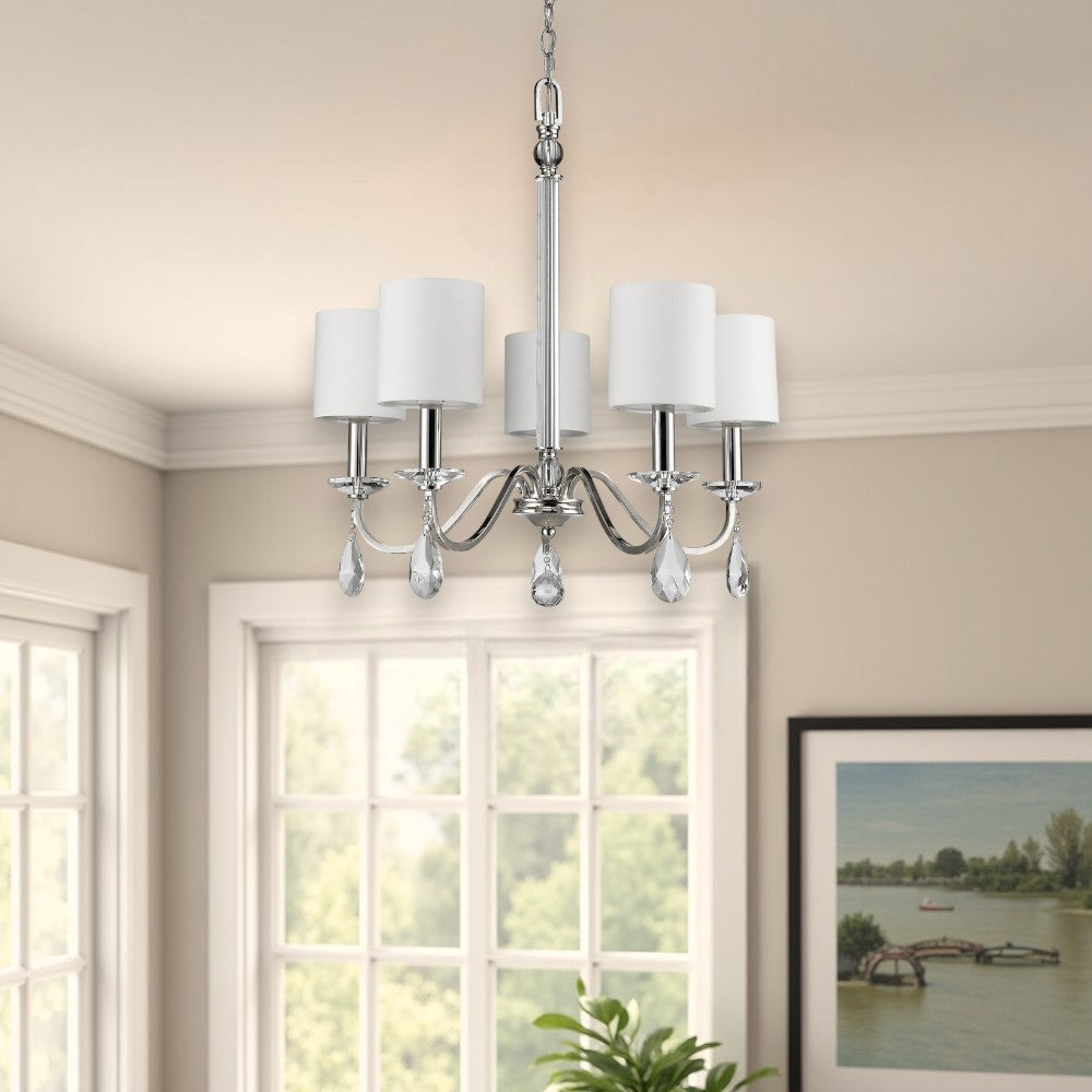 Silver Candle Style 5 Light & Crystals Dimmable Chandelier