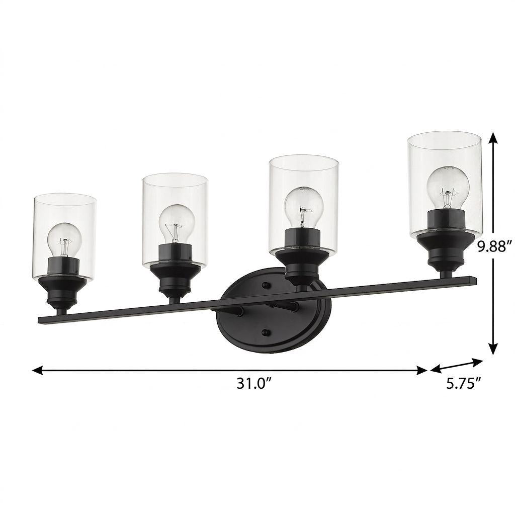 Four Light Matte Black Wall Light w/ Clear Glass Shade